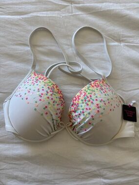 Victoria's Secret White Sequin Push-Up Swim Top with Neon Accents
